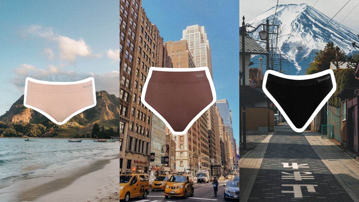 Boody women’s underwear displayed over travel scenes from a beach, New York and Japan