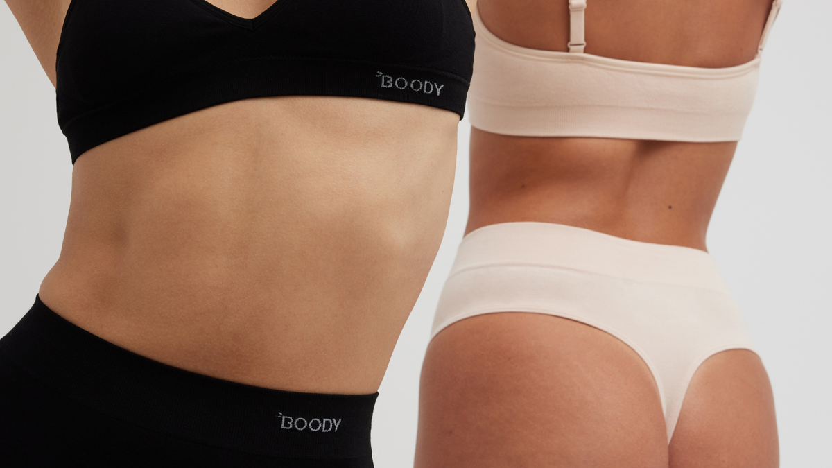 Woman wearing black and nude seamless underwear and bras, showcasing soft fabric, smooth fit and comfortable everyday essentials.