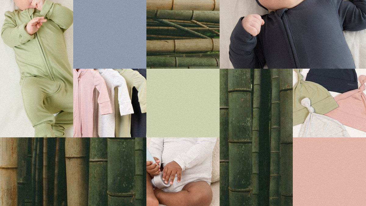 Collage of babies wearing soft bamboo clothing alongside bamboo plants and pastel colours