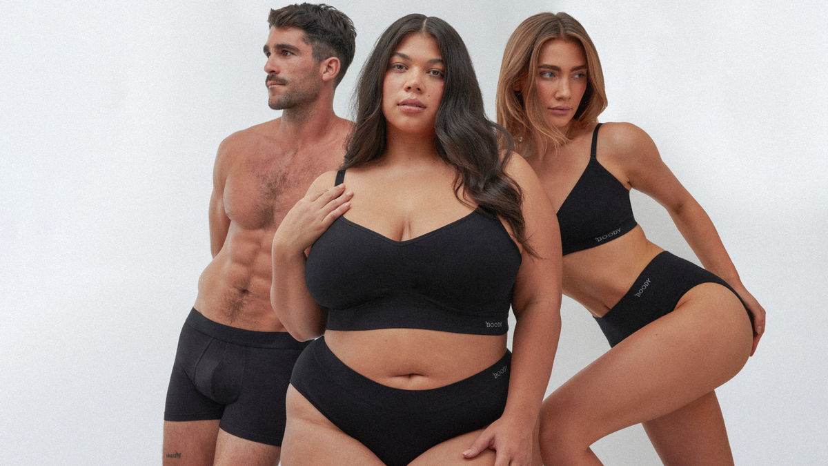 Diverse models wearing black seamless underwear and bras, showcasing inclusive sizing, comfort and everyday essentials from Boody.