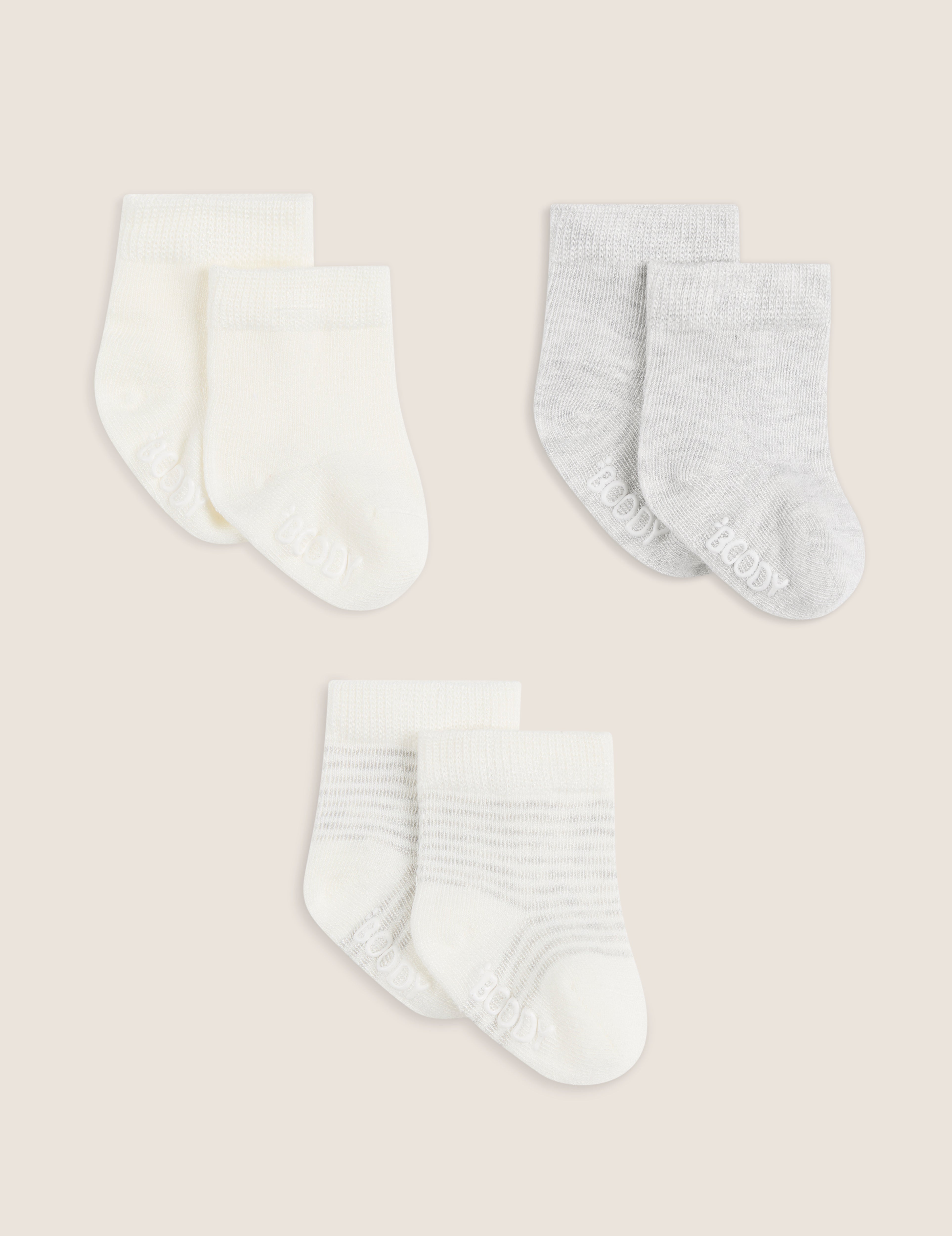 Baby Socks - 3 Pack - Heather Grey / Natural White / Stripe