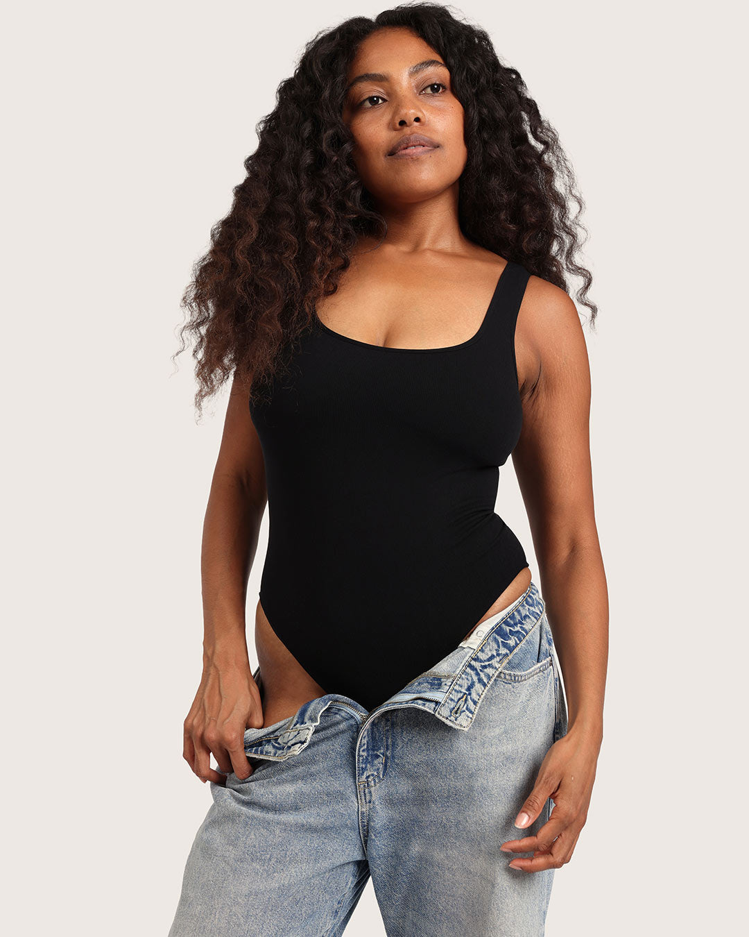 Ribbed Square Neck Bodysuit - Black